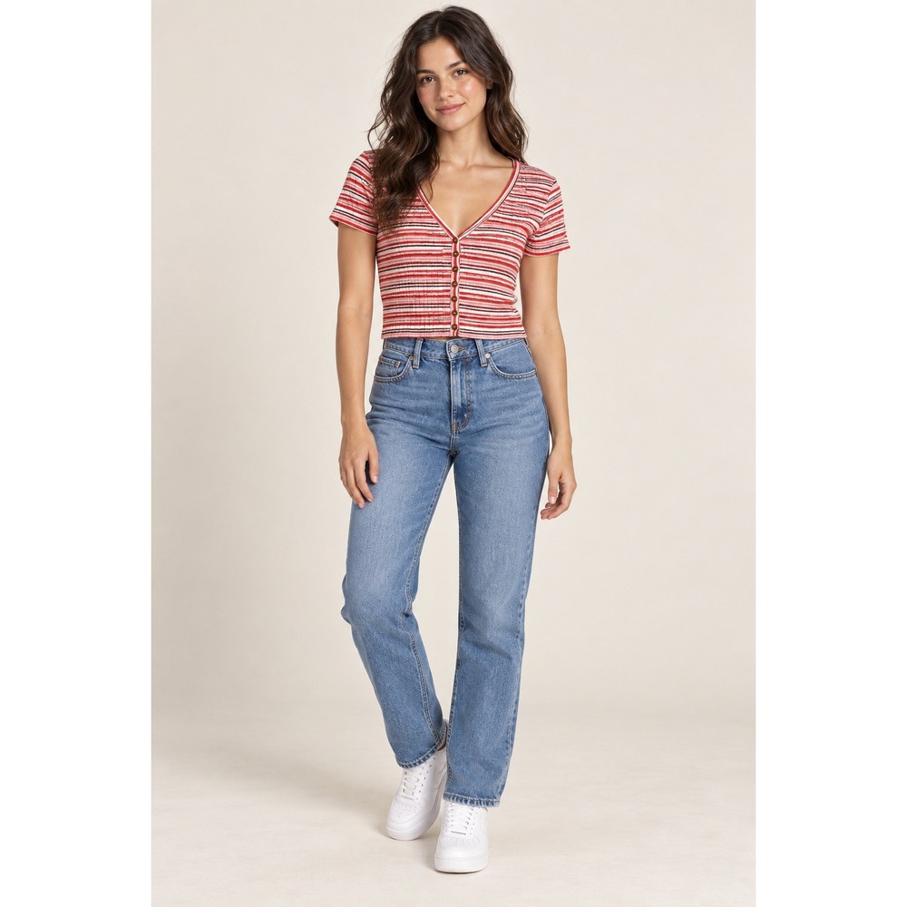 Forever 21 Red White Striped Ribbed Button Front Crop Cardigan Top Medium